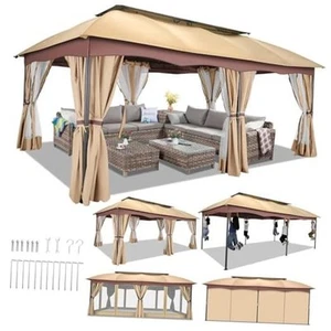 Gazebo 12x20ft with Curtains & Netting (Arc Top) Khaki (with 5-year Warranty) - Picture 1 of 7