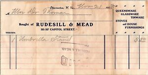 1908 Vintage Letterhead Receipt Rudesill & Mead Charleston West Virginia