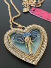 Betsey Johnson Necklace Elephant Pendant Heart Blue Enamel Long Gold Chain