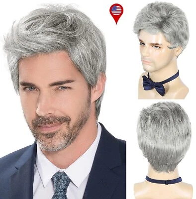天然男式灰色短假发耐热男性日常角色扮演假发 2024 美国 — 第 1/4 张图片