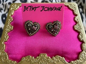 Betsey Johnson Vintage Bows Bronze Filigree Heart Pink Crystal Bow AB Earrings - Picture 1 of 2