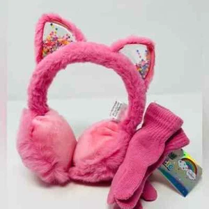 NEW - Girls Pink Furry Glitter Cat Ear Earmuffs and Gloves Set - Picture 1 of 5
