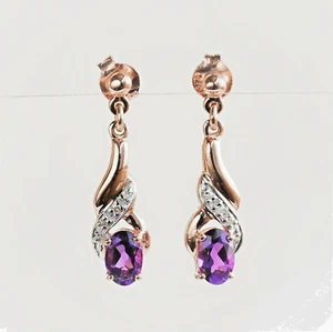Natural Amethyst and Genuine Diamonds in Real 9K Rose Gold Earrings Gift Boxed - Picture 1 of 8