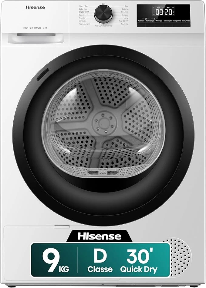 Hisense Asciugatrice 9 Kg Classe D Inverter Pompa di calore Vapore DHQE900UWD