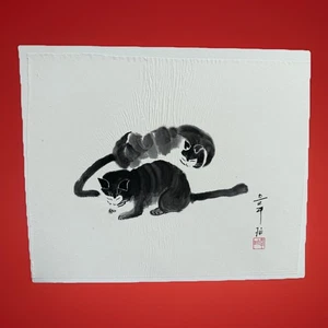 Original Sumi Tusche Aquarell Gemälde zwei Katzen Künstler Siegel mit Signatur - Bild 1 von 7