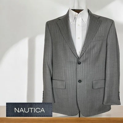 Abrigo deportivo Nautica para hombre 40S gris lana a rayas lisas dos botones Foto 1 de 4