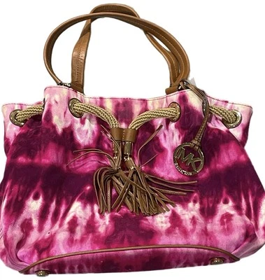 Raro Bolso de Mano Michael Kors Marina Grande de Lona Reunida Rosa Fucsia Tie Dye Cartera Foto 1 de 4