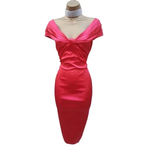 Karen Millen 14 UK Vintage Pink Satin Pleat Bardot Pencil Dress Races Wedding - Picture 1 of 11