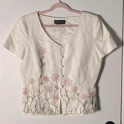 Blusa vintage Donna Morgan blanca floral con botones talla 12 Foto 1 de 4