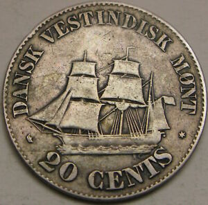 DANISH WEST INDIES 20 Cents 1859 - Silver .625 - VF - 3738 ¤