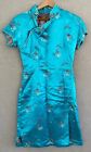 Vintage Chinese Style Floral Dress 40 Made in Hong Kong Turquoise Excellent
