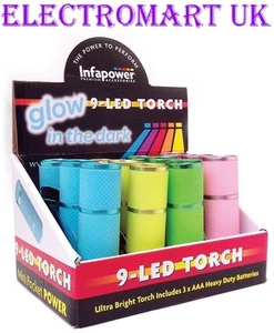 12 X ULTRA BRIGHT GLOW IN THE DARK TORCHES 4 COLOURS INCLUDES BATTERIES 9 LED'S - Picture 1 of 1