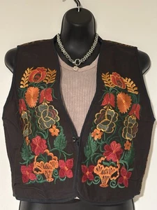 NEW Sz Small Guatemalan hand embroidered floral Orange Red Black cotton vest - Picture 1 of 9