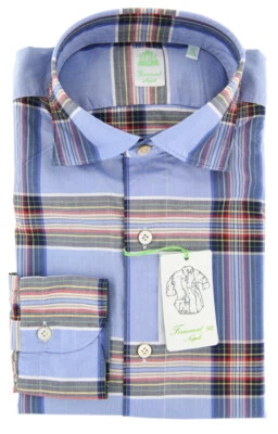 Finamore Napoli Light Blue Plaid Cotton Shirt - Extra Slim - (IY) - Image 1 of 4
