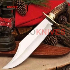 Premium Handmade J2 Steel Hunting High Polish Bowie Knife Crown Stag Horn Handle - Picture 1 of 3