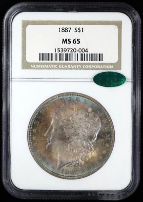 Dólar de plata Morgan 1887-P $1 NGC MS 65 CAC | Tonificación sin circular UNC BU Foto 1 de 4