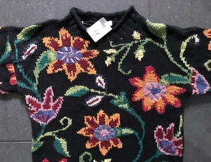 Vintage BHS Cotton Knit Black Floral Jumper 80s 90s Oversize New With Tags 14-16 - Picture 1 of 12