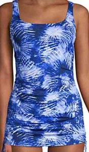 LANDS' END Adjustable Swim Dress One Piece Swimsuit 16W Blue Tie Dye Ruched - Picture 1 of 13