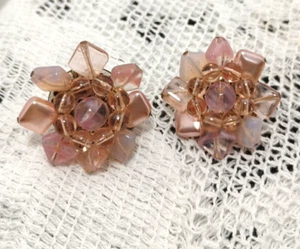 Orecchini Vintage Rosa Perline Filo Rotondo Grappolo Clip On Germania - Foto 1 di 6