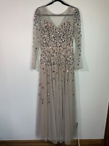 Adrianna Papell Long Sleeve Floral Beaded Gown, Silver Nude, 6