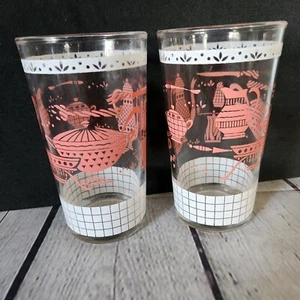 Vintage Pink White Hostess Kitchen Drinking Glass Tumblers MCM Set Of 2 - Picture 1 of 10