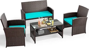 Patio Furniture Wicker Outdoor Bistro Set Rattan Conversation Loveseat W/Table - Picture 1 of 6