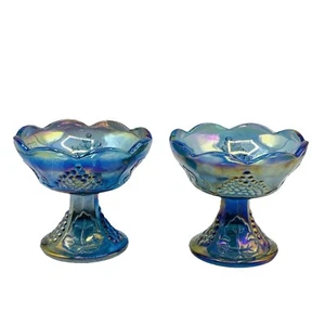 Vintage Indiana Carnival Glass Blue Candlestick Holder 4” Tall Lot 2 Grape Vines - Picture 1 of 9