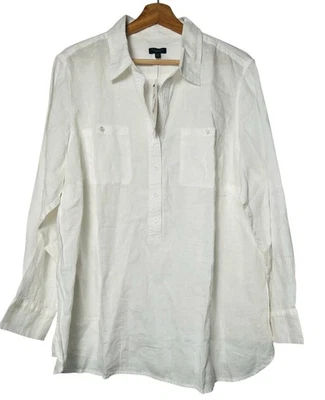 Blusa Talbots 100 % lino pulóver manga larga lengüeta enrollable túnica cuello en V pequeña 2X Foto 1 de 4
