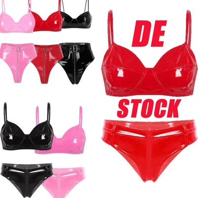 DE Damen Dessous Sexy Unterwäsche Wetlook BH Lack Und Leder Slip G-String Set  - Bild 1 von 4