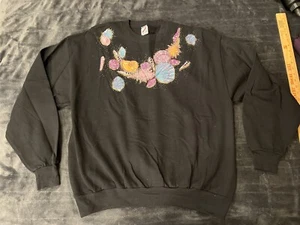 #3 VINTAGE 90'S JERZEES SWEATSHIRT BLACK W/ SEA SHELLS GLITTER SZ XL - Picture 1 of 7