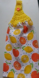 YELLOW Yarn Crochet Top fruit ORANGES LEMONS Print Cotton Kitchen Dishtowel - Picture 1 of 4