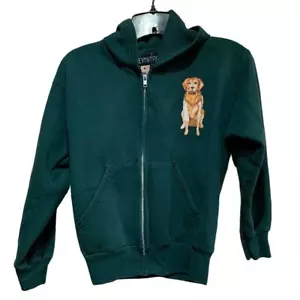 Hand Printed Upcycled Youth Medium Golden Retriever Puppy Dog Hoodie Jacket - Picture 1 of 3