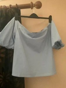 Ladies New Look light blue blouse scoop neckline short puff sleeves size 16 - Picture 1 of 7