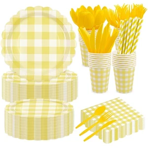 400PCS Yellow Gingham Party Supplies, Scalloped Disposable Tableware Set Incl... - Picture 1 of 7
