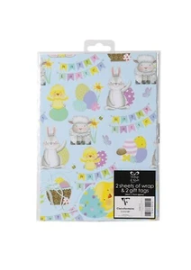Easter Egg Wrapping Paper Gift Wrap Sheet - 2 sheets 2 tags blue animals design - Picture 1 of 2