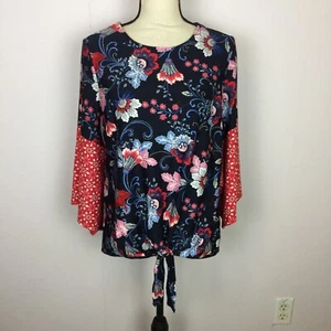 NWT Roz and Ali Tie Front Knit Top Blouse Size S Womans Navy Blue Red Floral - Picture 1 of 14