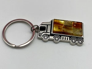 Keyring Amber Silver Tone Metal Real Baltic Gemstone Truck Design Key Holder - Picture 1 of 9