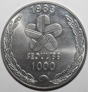 South Korean 1000 Won Coin 1983 KM# 36 Korea 1988 Seoul Summer Olympics Drummer - Picture 1 of 2