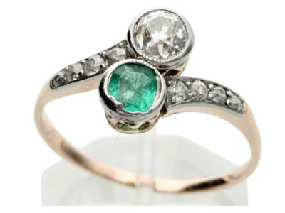 Smaragd Diamant Ring Damen in 585 Rosegold und Weißgold antik - Bild 1 von 4