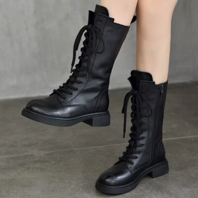Women's Genuine Leather Round Toe Lace Up Riding Ankle Boots Flat Heel Mid Calf - Image 1 of 4