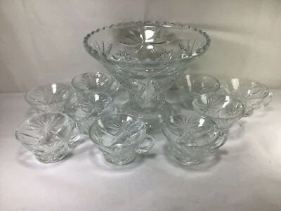 AA71 Anchor Hocking PresCut Clear Glass Pedestal Base Punch Bowl/Cup - Set of 10 - Image 1 of 4