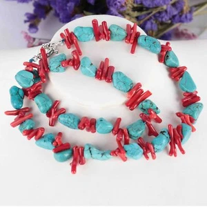 Red coral branch Turquoise Gemstone DIY handmade chain 15inches Simple Gift - Picture 1 of 9