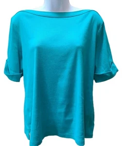 Karen Scott Damen Petite XL Oberteil Kurzarm Bündchen Baumwolle Pullover Shirt Aqua - Bild 1 von 15