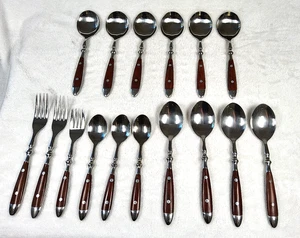 VTG Chef's Bistro Woodgrain Bakelite Flatware Set 16pc – Brown Handle 2 Rivets - Picture 1 of 9