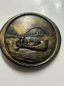 Native American Indian Deer Canoe Indiana Metal Craft Vintage Belt Buckle 1976 - Picture 1 of 4