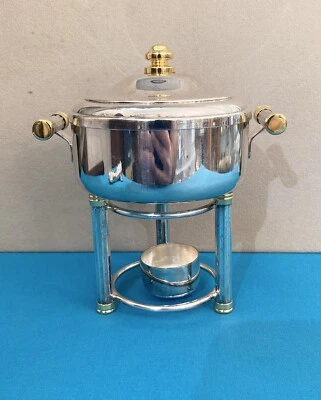 Réchaud à sauce métal argenté & doré saucière plat service bougie TBE - Photo 1/4