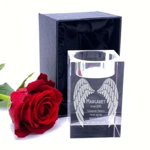 Personalised Crystal Glass Memorial Tea Light Candle Holder Guardian Angel GTL-2 - Picture 1 of 2