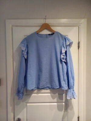 Haut chemisier Zara bleu à volants broderie anglais détail taille XL 14 16 UK coton  - Photo 1/4