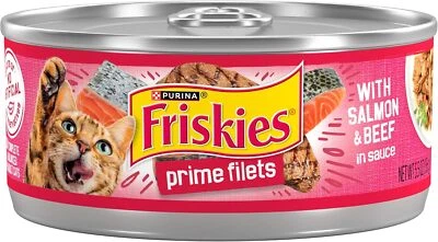 Purina Friskies Prime Filets Wet Cat Food Salmon Beef in Sauce 5.5 Oz 24 Cans
