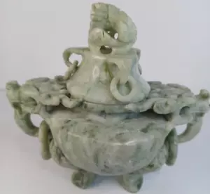 Vintage chinesische handgeschnitzte grüne Jade Drachen Weihrauchbrenner Zenser - Bild 1 von 15